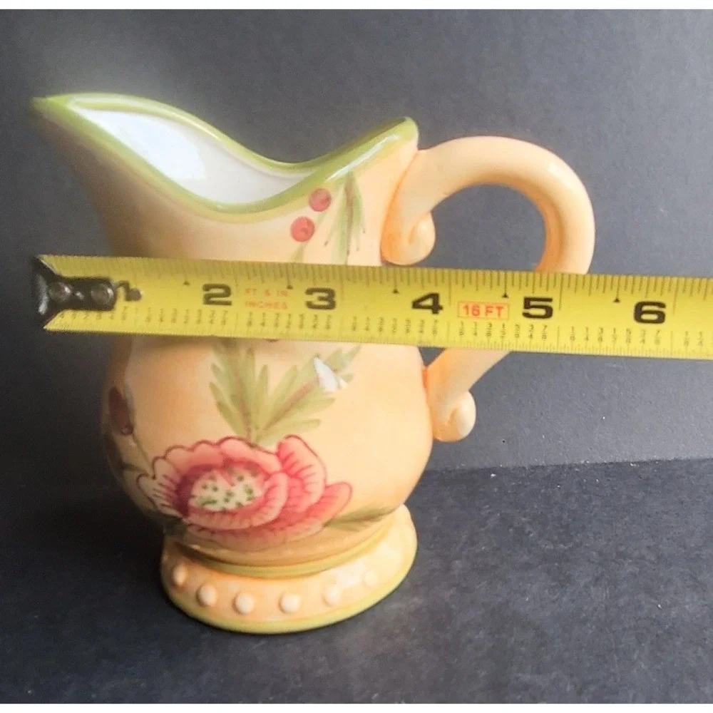 Hand Painted Floral Ceramic Pitcher Yellow Pink Flower Scalloped Rim 6.5 Inch